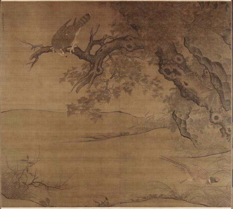 枫鹰雉鸡图