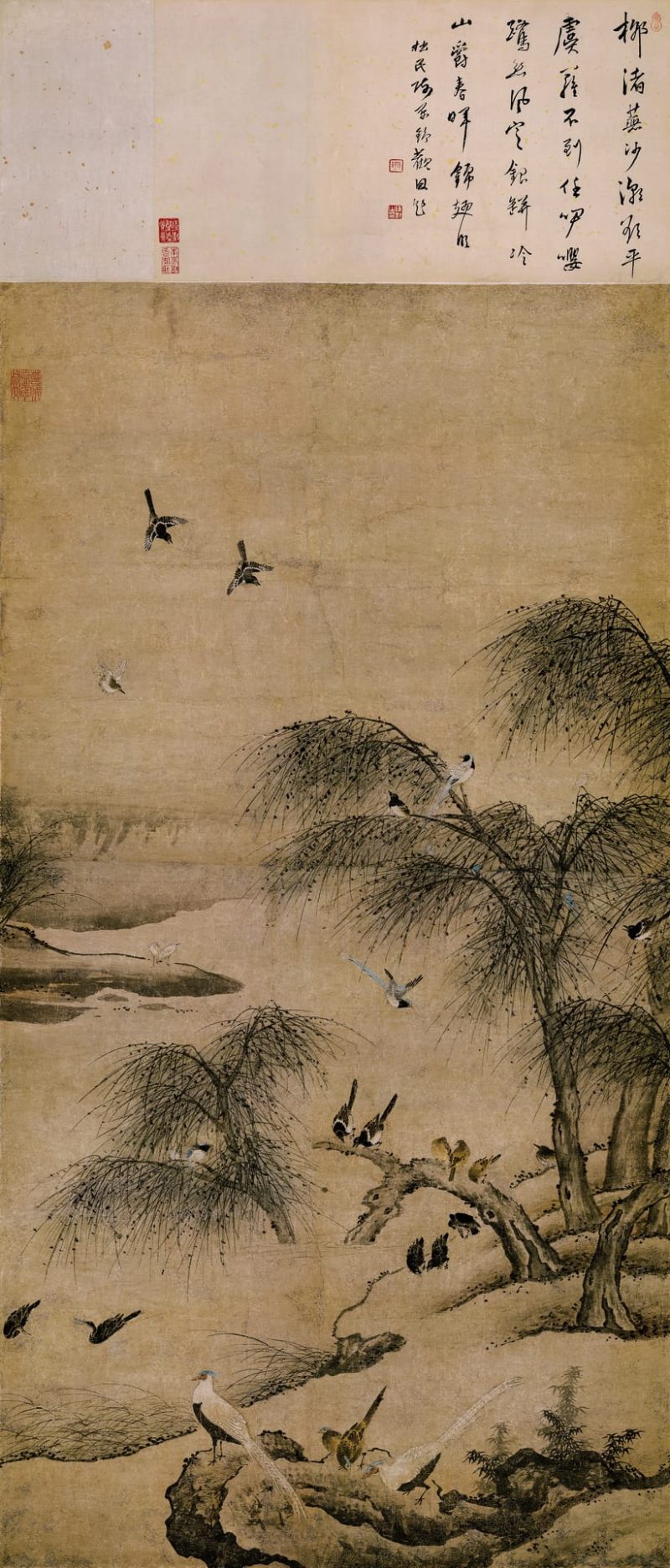 夏叔文-柳汀聚禽图