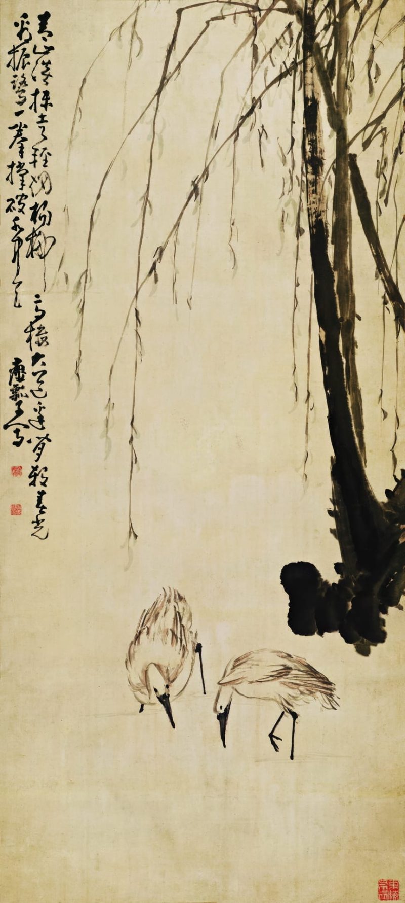 柳塘双鹭图