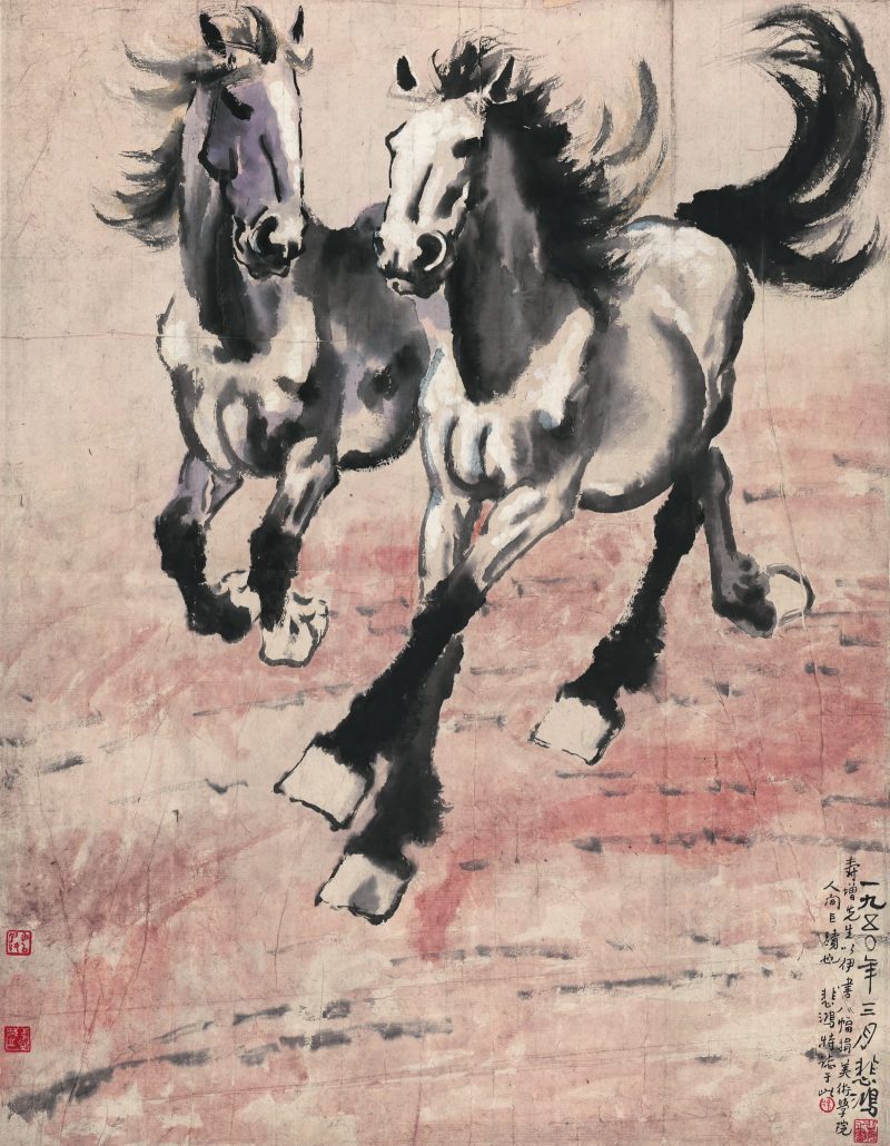徐悲鸿 淡色双马轴
