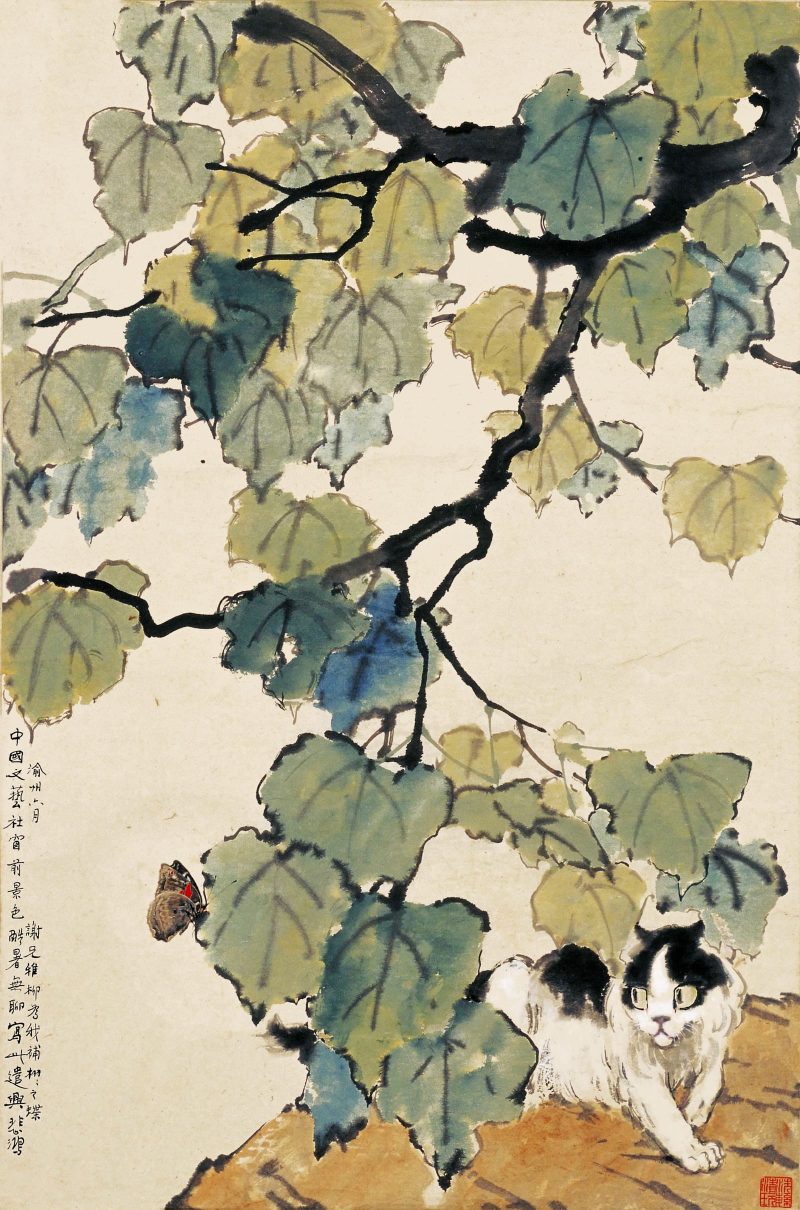 徐悲鸿 梧桐猫蝶图轴
